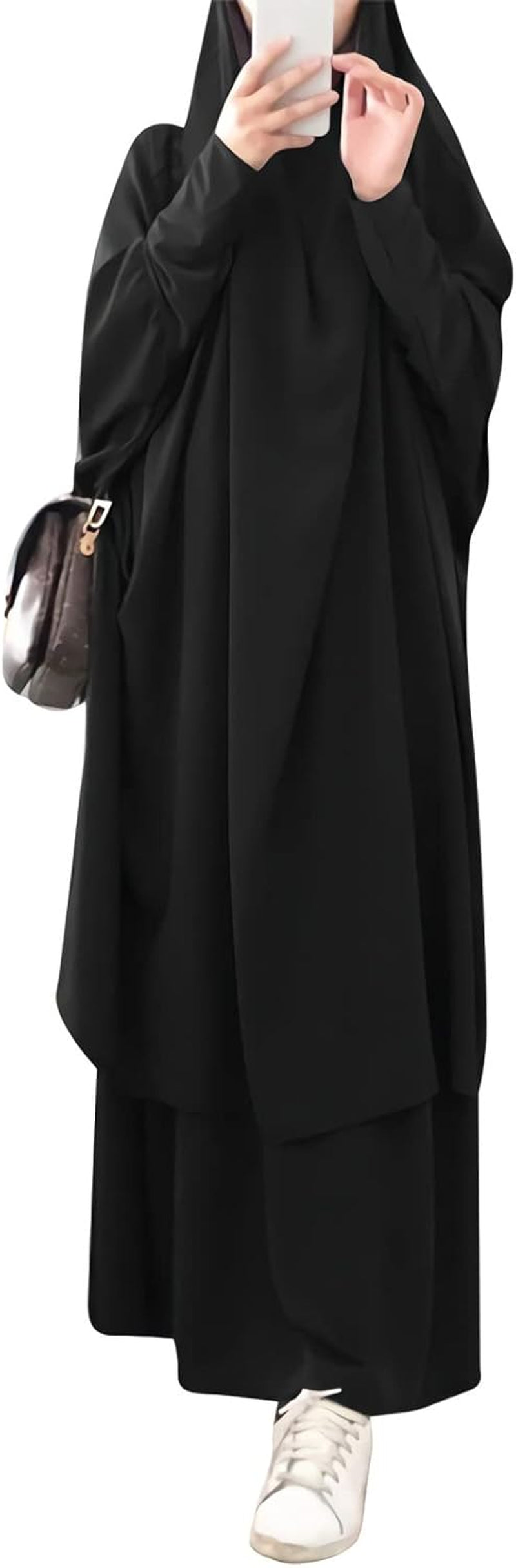 Womens Muslim Abaya Solid 2 Piece Prayer Dress Islamic Maxi Kaftan with Hijab Dubai Full Length Dress