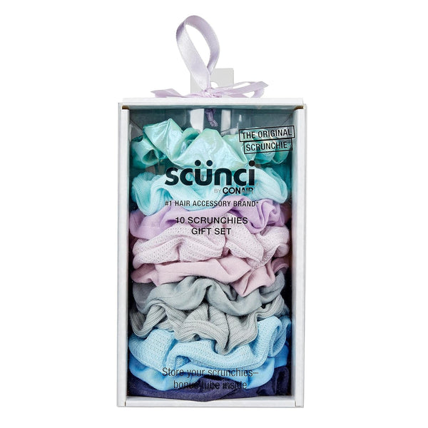 Scunci by  Gift Set, Gift Box under $20, Includes 10 Scrunchies in Icy Blue Shades