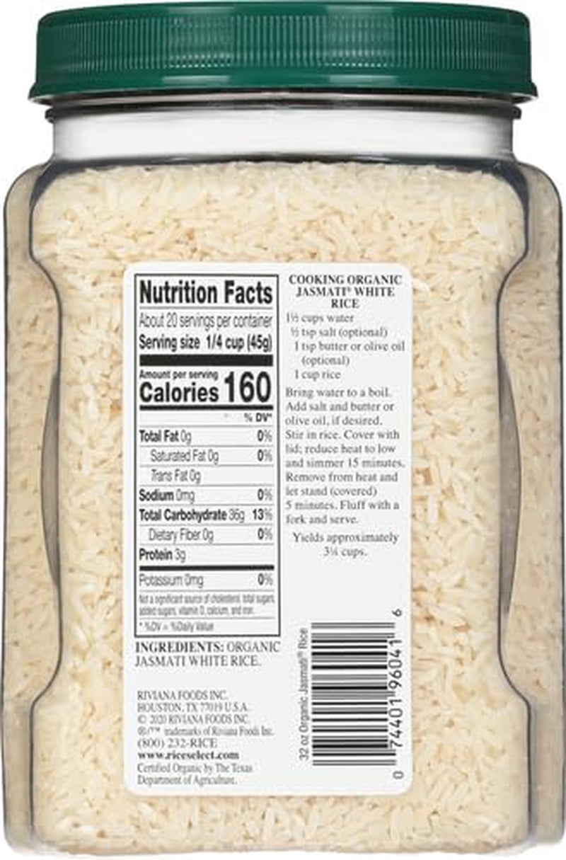 Jasmati Organic Rice, Long-Grain Organic Jasmine Rice, Premium Gluten-Free Rice, Non-Gmo, 32-Ounce Jar