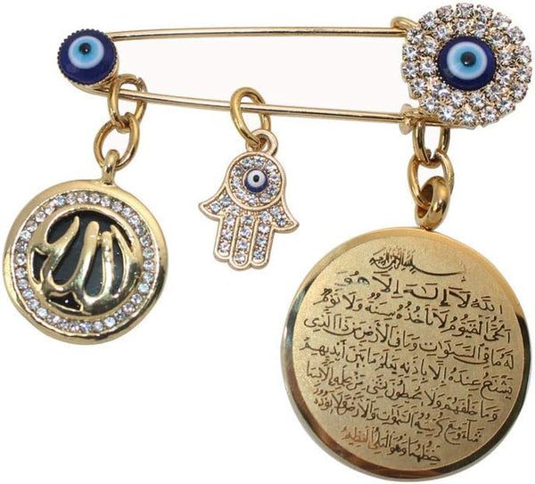 Muslim Islam AYATUL KURSI Allah Turkish Evil Eye Hamsa Hand of Fatima Stainless Steel Brooch Pin