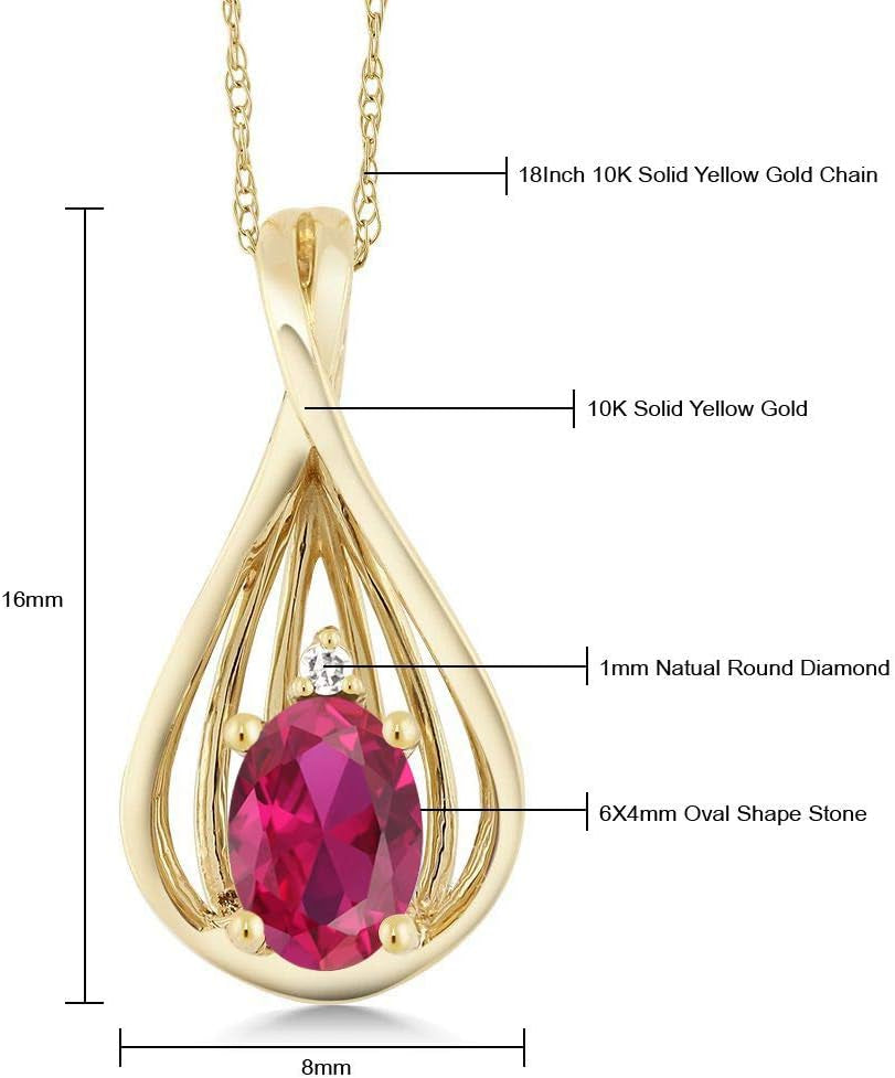 10K Yellow Gold Red Created Ruby and White Diamond Teardrop Pendant Necklace for Women (0.50 Cttw, Gemstone July Birthstone, Oval 6X4MM, with 18 Inch Chain)