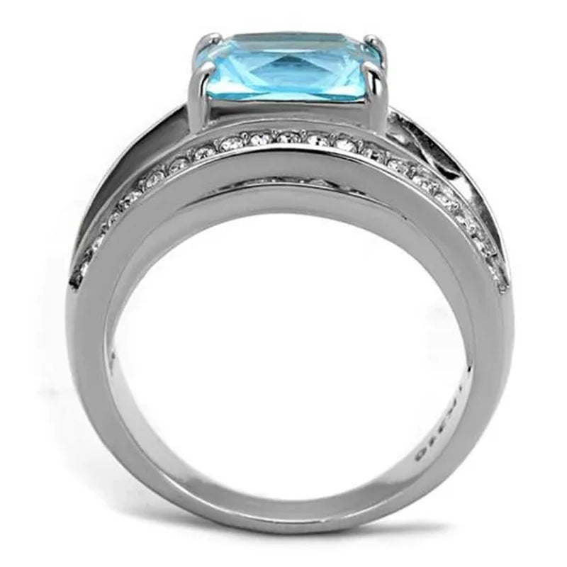 Women'S Stainless Steel 4.07Ct Emerald Cut Sea Blue Crystal Cocktail Ring Size 5-10