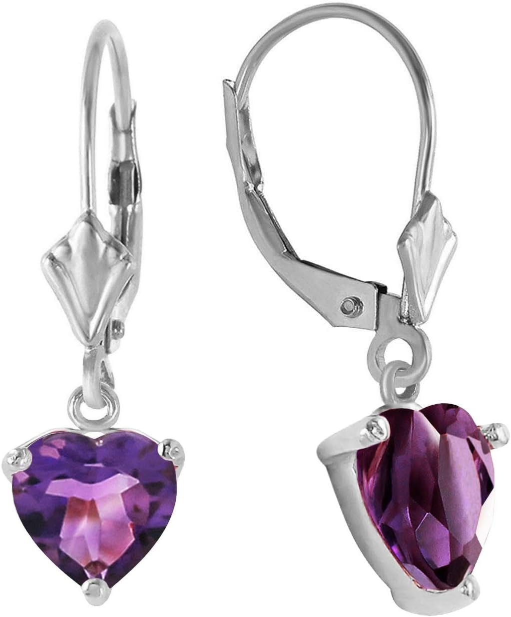 14K White Gold Jewelry Set - Necklace and Earrings W/Natural Heart-Shaped Purple Amethysts