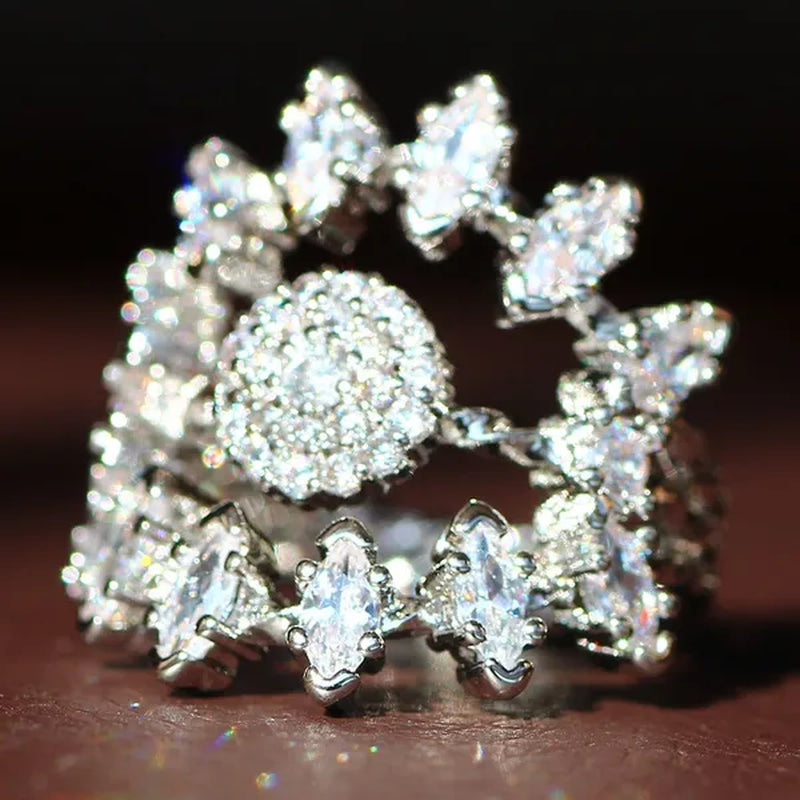 Luxurious  Silver Natural Gemstones White Sapphire Wedding Birthstone Bride Flower Engagement Ellipse Princess Sun Ring Jewelry Size 6 7 8 9 10