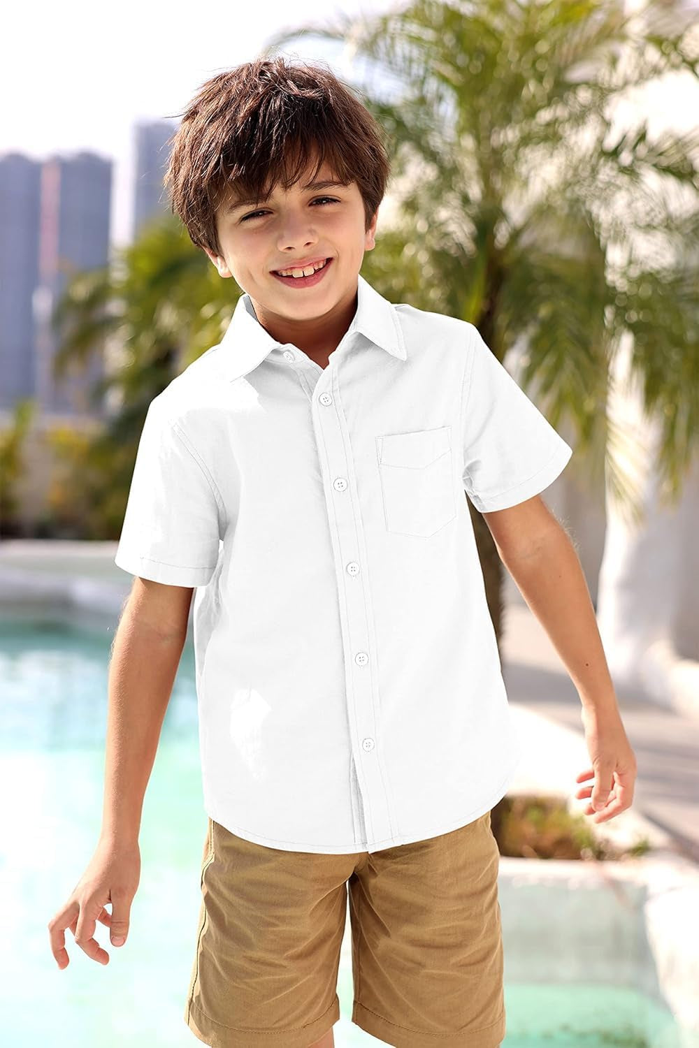 Boys' Long Sleeve Dress Shirts Classic Collared Button-Down Tshirt Solid Cotton Top with Chest Pocket