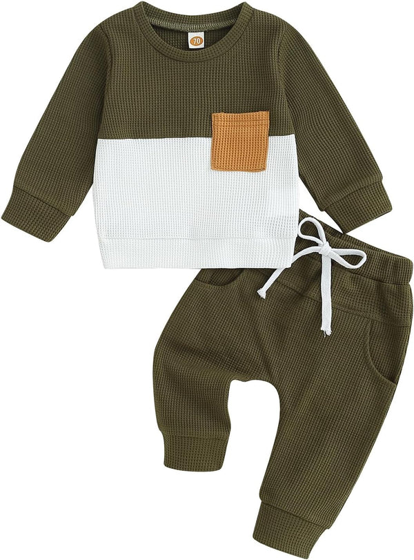 Baby Boy Clothes Fall Winter Waffle Knit Contrast Color Sweatshirt Tops Casual Pants Set Toddler 2Pcs Outfit
