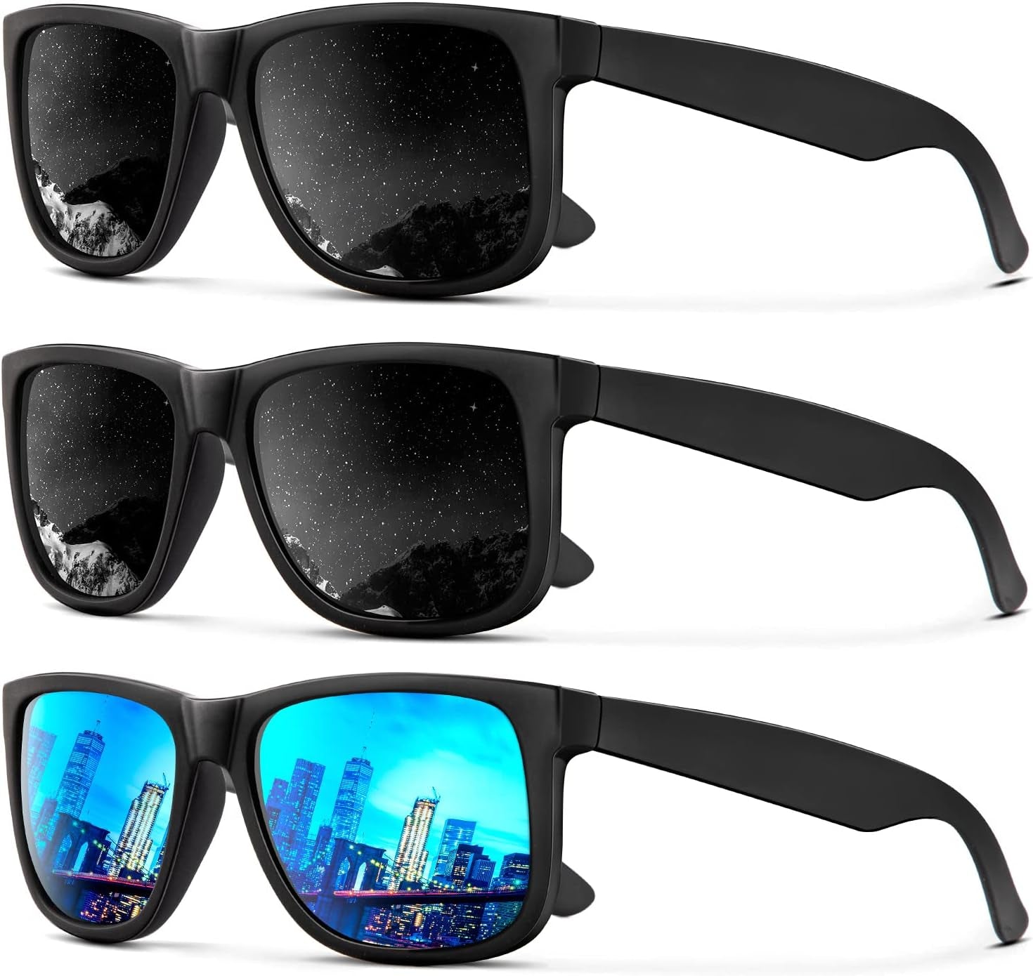 Sunglasses Men Polarized Sun Glasses for Mens Womens Classic Matte Black Frame UV Protection 3Pack