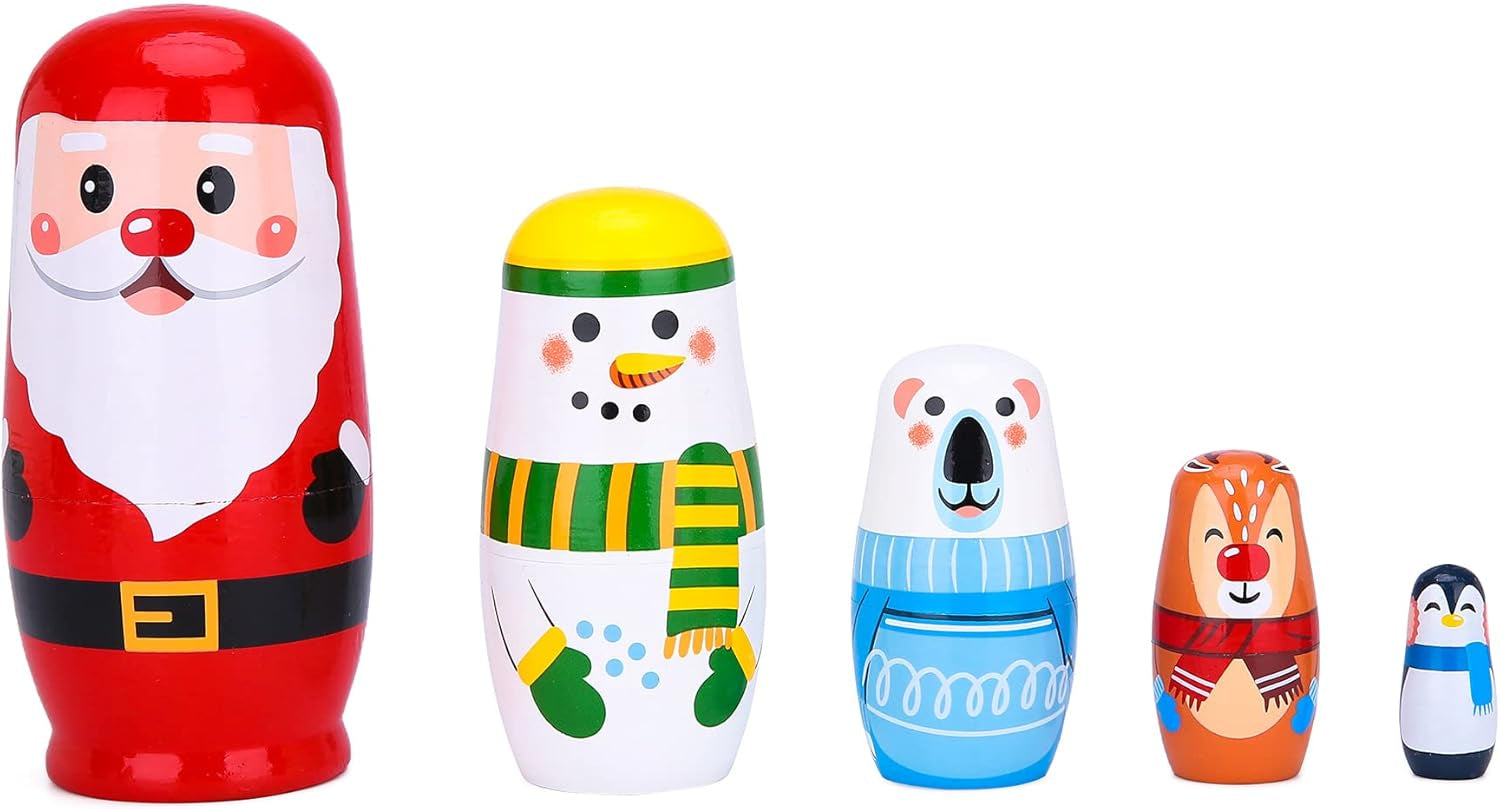 Nesting Dolls Russian Matryoshka Wood Stacking Dolls for Kids Handmade Toys(New Santa)