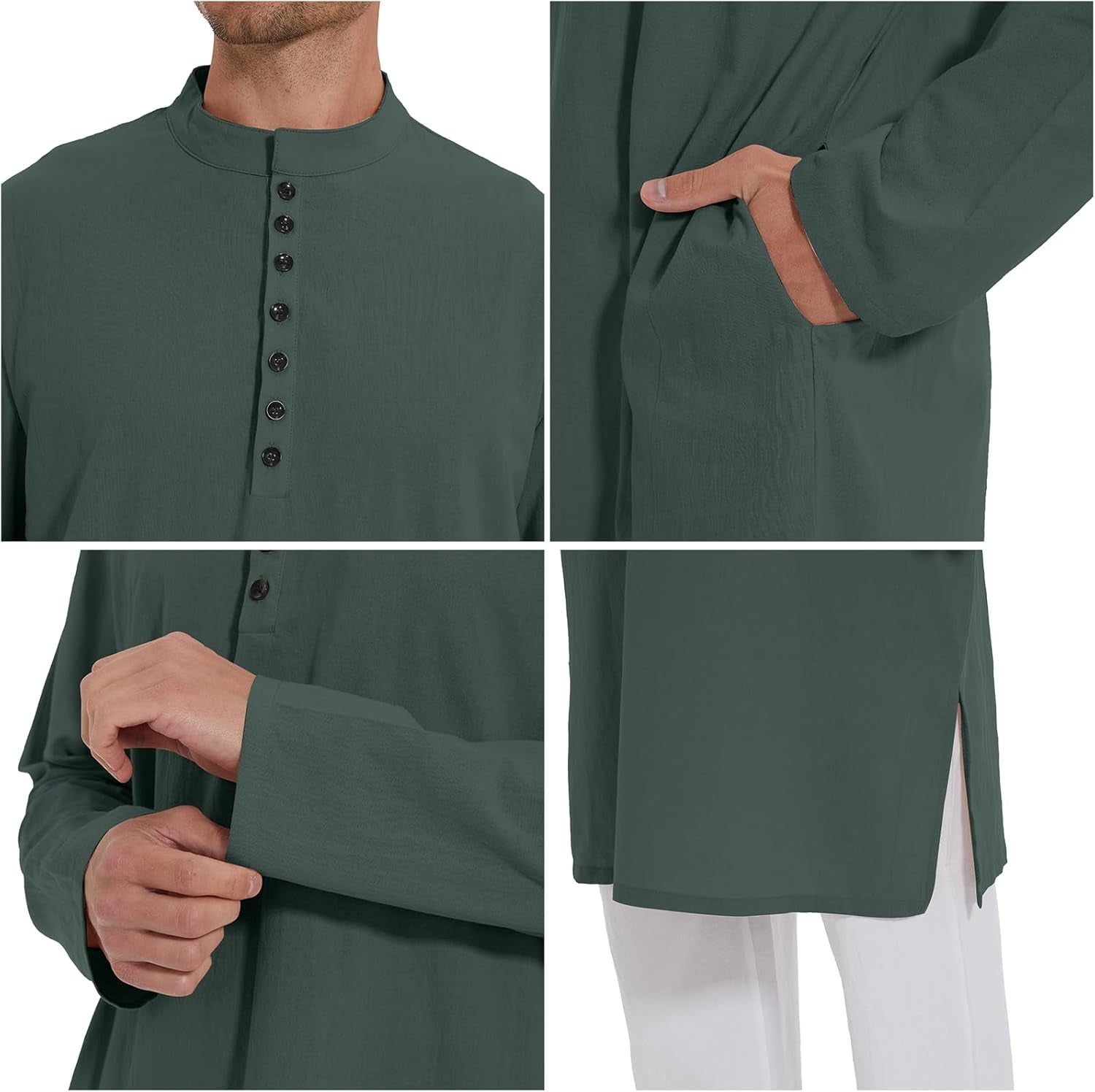 Men'S Long Sleeve Muslim Thobe Robe Button up Kaftan with Side Split and Pockets