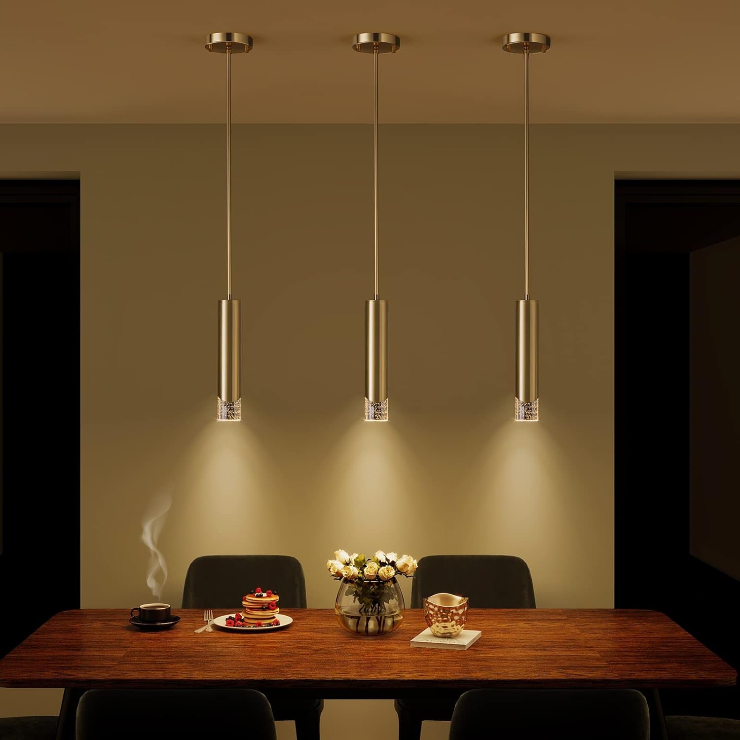 Gold Crystal Pendant Lights, Modern Crystal Pendant Lighting for Kitchen Island Dimmable Hanging Ceiling Light Fixture with Adjustable Height for Dining Room, Bedroom (Gold, 1-Pack)