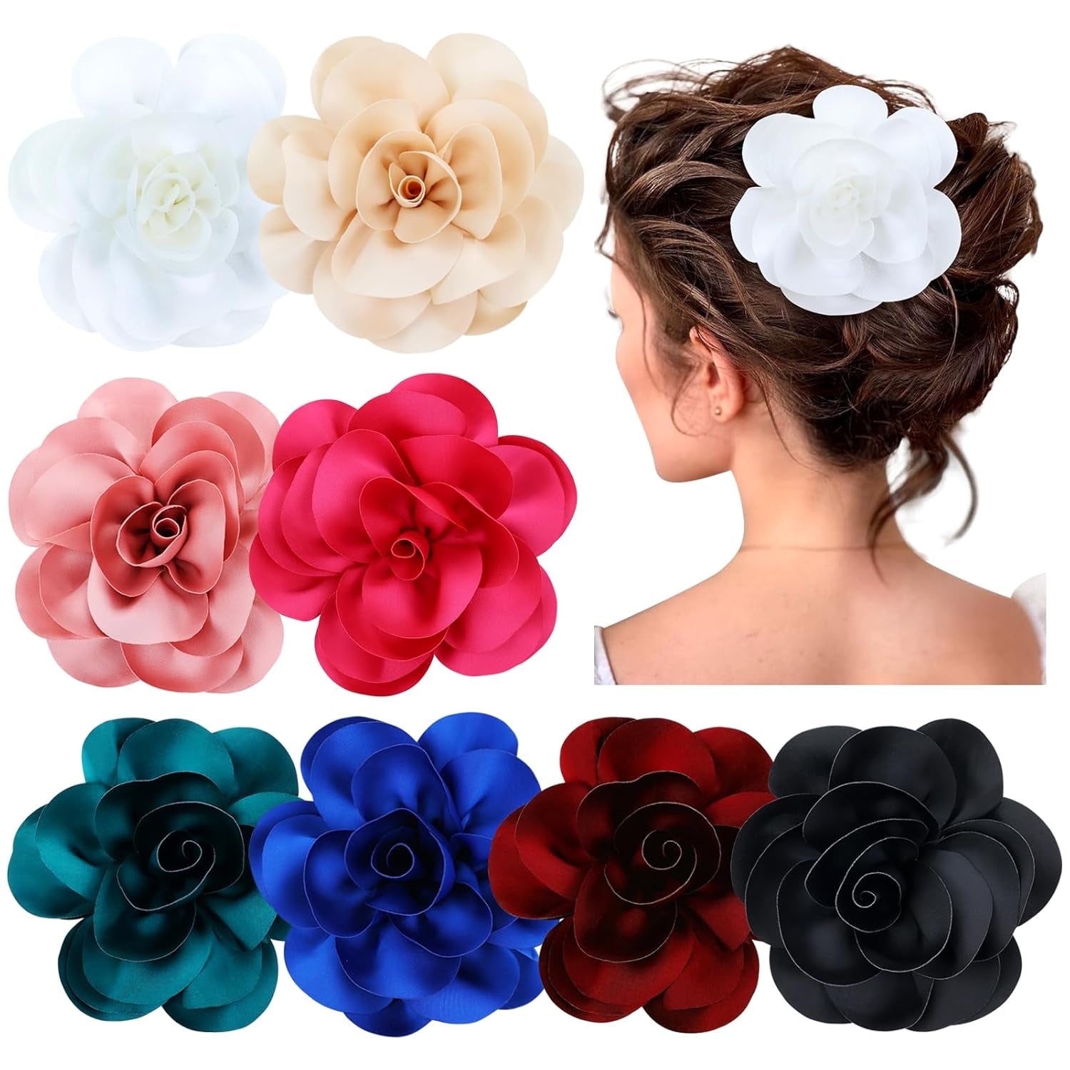 8 Pack Decorative 13Cm/5" Big Silky Satin Flower Brooch Pins Duckbill Alligator Hair Clips Barrettes Floral Hair Pins Accessories for Women Girls Teens Kids