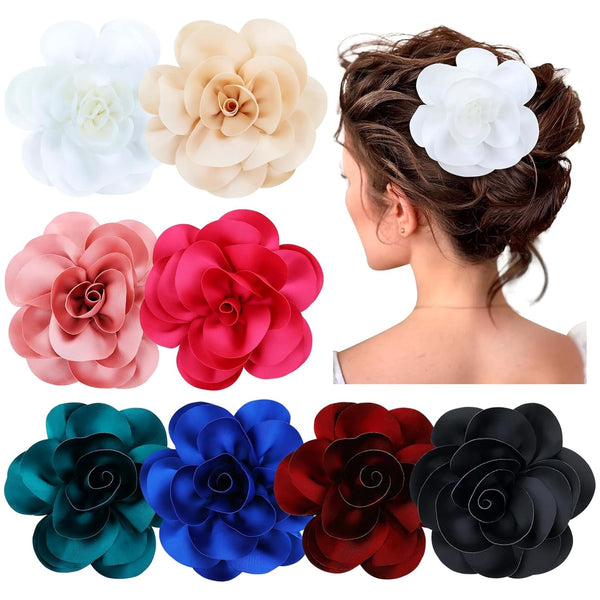 8 Pack Decorative 13Cm/5" Big Silky Satin Flower Brooch Pins Duckbill Alligator Hair Clips Barrettes Floral Hair Pins Accessories for Women Girls Teens Kids