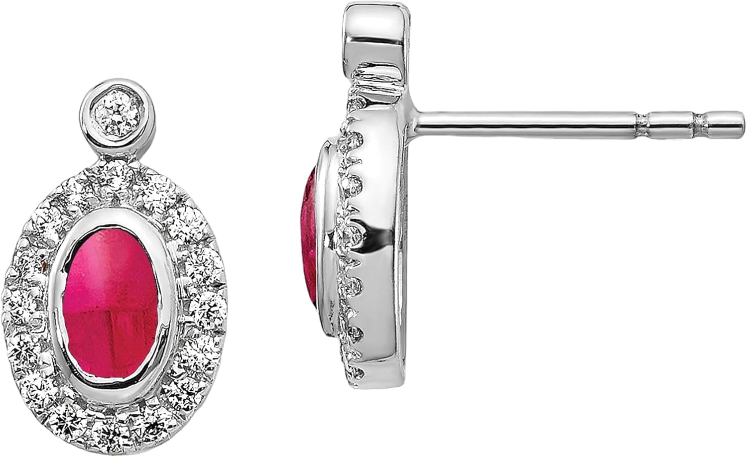 14K Solid White Gold Diamond Cabochon Red Ruby Stud Earrings Gemstone Post Push Back July Birthstone Jewelry