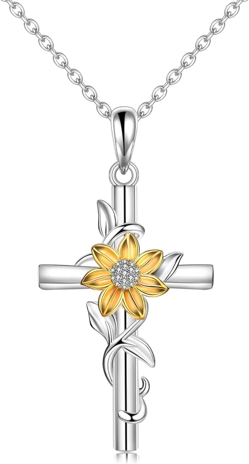 Cross Necklace for Women Sunflower Cross Necklace 925 Sterling Silver Dainty Sunshine Pendant for Women Mom Sunflower Gifts for Women