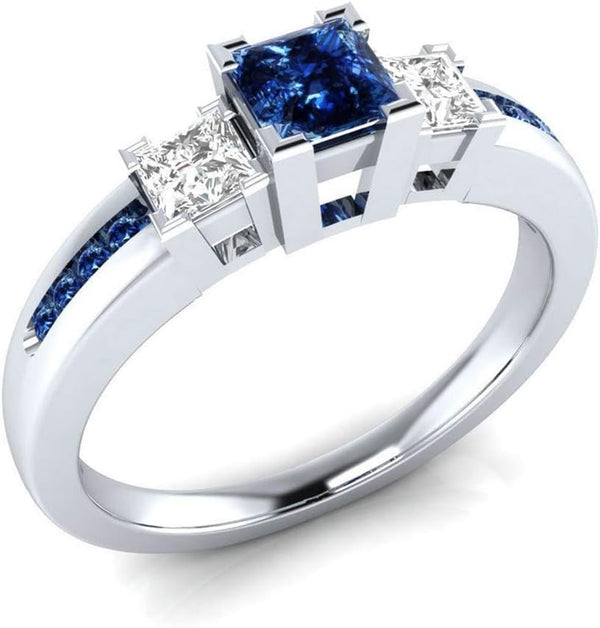925 Sterling Silver Fashion Natural Ruby Sapphire Ring Square Perfect Cut 3-Stone Rainbow Cubic Zirconia Rings CZ Eternity Engagement Wedding Band Ring for Women