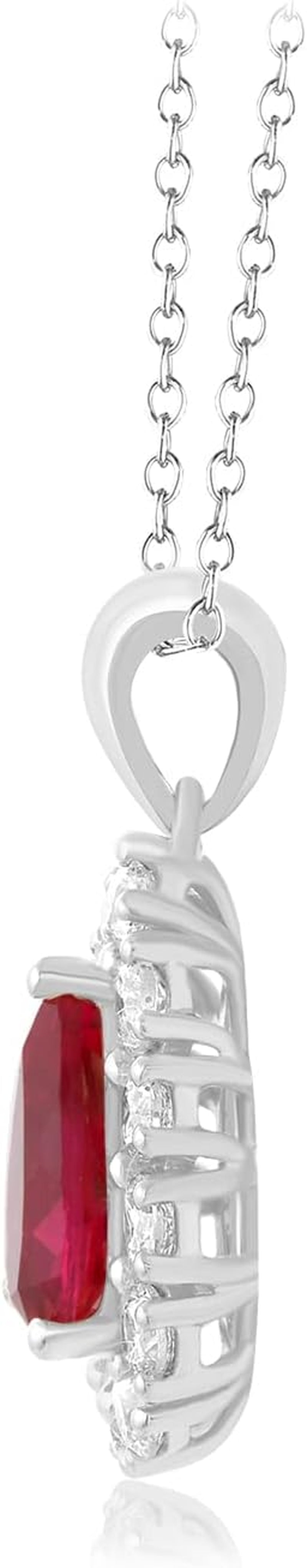 Pear Shape Natural Ruby & round Cut Lab Grown Diamond Pear Shape Pendant Necklace Sterling Silver with 18" Chain Plated 14K White Gold