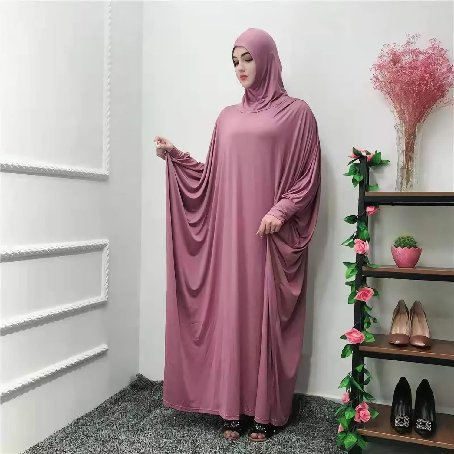 Womens Solid One-Piece Prayer Dress Muslim Abaya Islamic Maxi Breathable Ramadan Dress Kaftan Hijab