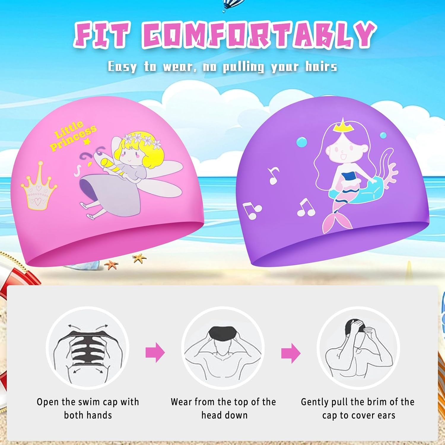 2 Pack Swim Cap for Kids Girl Boys Youth, Waterproof Swimming Cap for Long and Short Hair, Durable Silicone Bathing Cap with Storage Bag