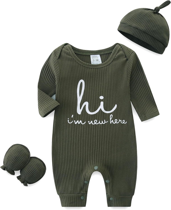 Unisex Newborn Baby Onesie Ribbed Romper Infant Long Sleeve Jumpsuit Hat and Gloves