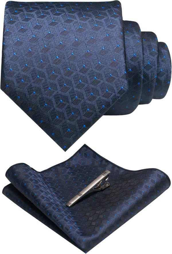Mens Woven Tie and Pocket Square with Tie Bar Sets Solid Necktie