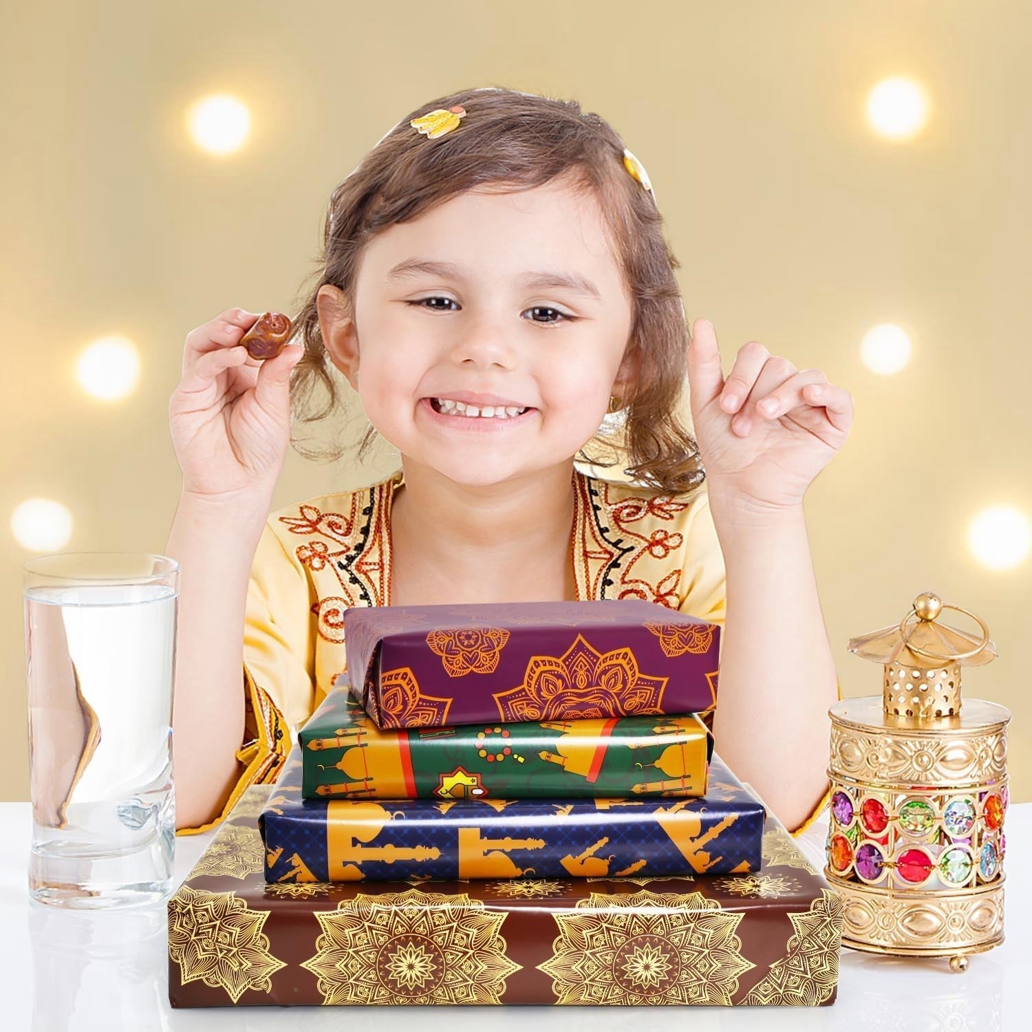 8 Sheets Eid Gift Wrapping Paper, 4 Designs Ramadan Wrapping Paper, Moon Mosque Eid Mubarak Folded Flat 20X28 Inches Gift Wrap for Kids Islam Ramadan Holiday Party Celebration Decorations