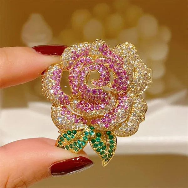French Retro High-End Full Diamond Gradient Rose Gold Zircon Rose Flower Brooch Suit Pin Clothes Accessories