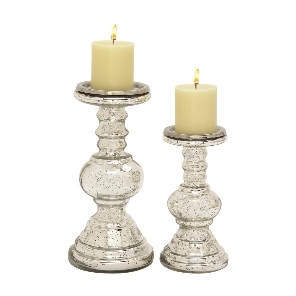 Silver Glass Handmade Turned Style Pillar Candle Holder (Set of 2)