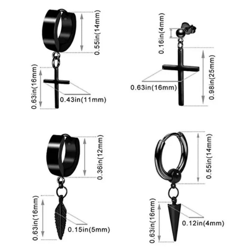 12 Pairs Set Stainless Steel Cross Stud Hoop Earrings Black Piercing Jewelry Men
