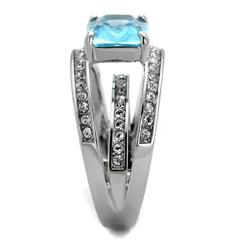 Women'S Stainless Steel 4.07Ct Emerald Cut Sea Blue Crystal Cocktail Ring Size 5-10