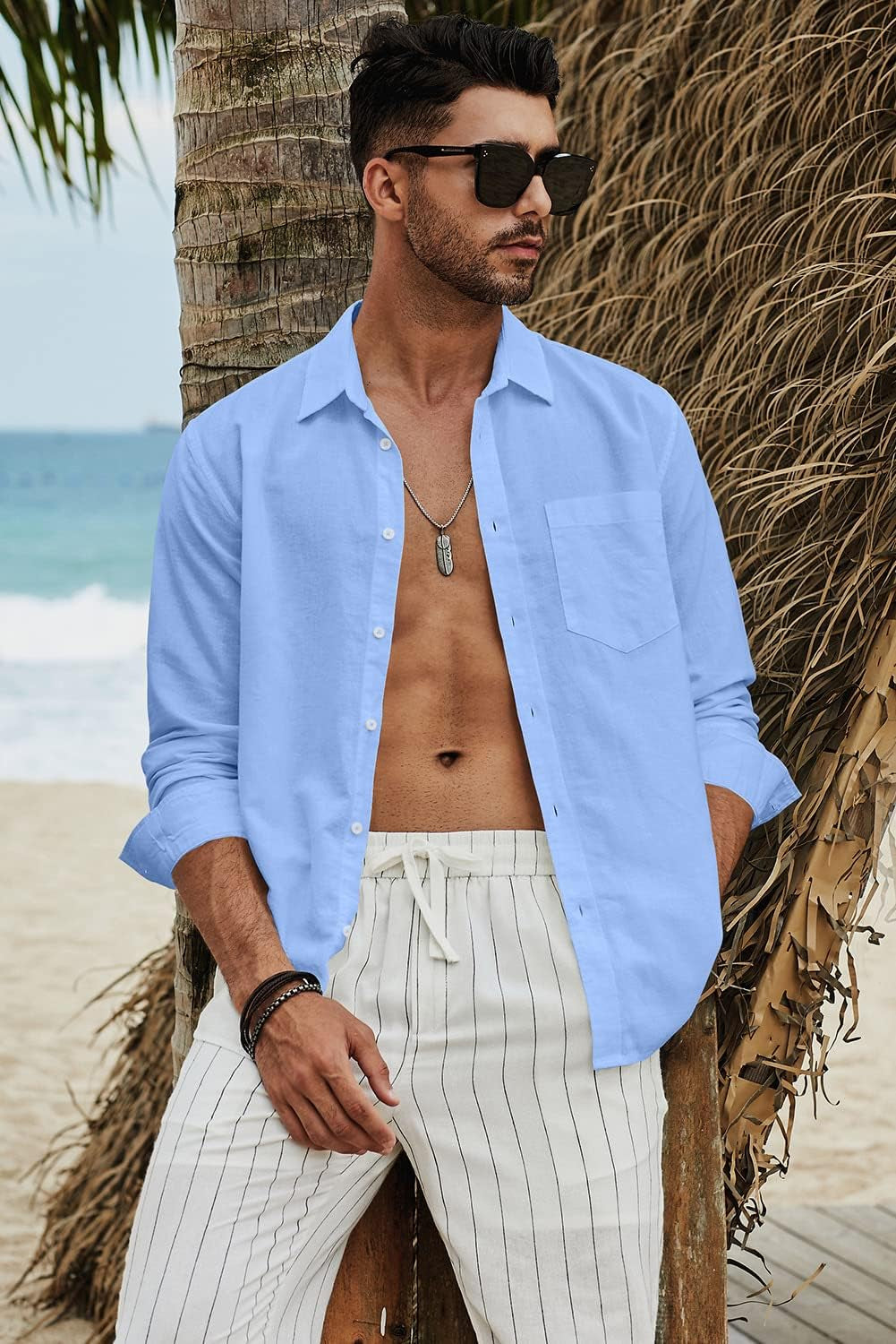 Mens Cotton Linen Casual Stylish Button down Shirt Long Sleeve Dress Shirts