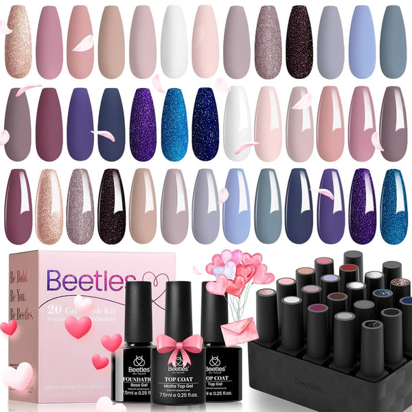 Beetles 23Pcs Gel Nail Polish Kit with Glossy Matte Top Coat and Base Coat Girls Night Collection White Nude Gray Glitters Gel Nail Polish Set U V Soak Off Holiday Manicure for Women Girls
