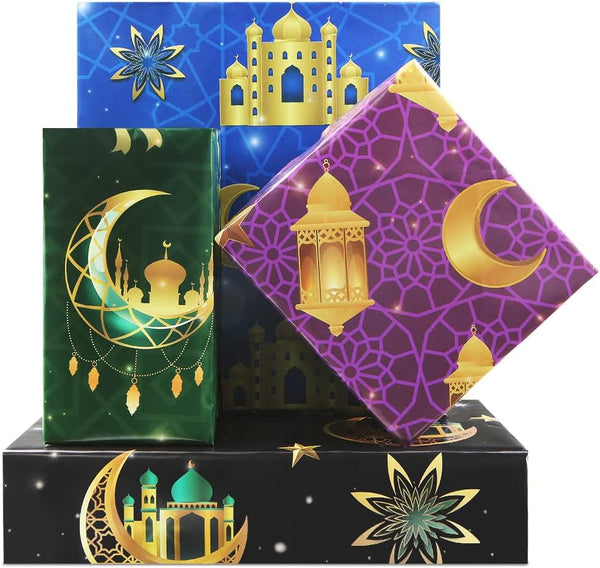 8 Pieces Eid Gift Wrapping Paper Ramadan Wrapping Paper, Moon Mosque Eid Mubarak Gift Wra in 4 Designs for Islam Kids Women Men Holiday Birthday Baby Shower Celebration Party Gift Wrap DIY Craft