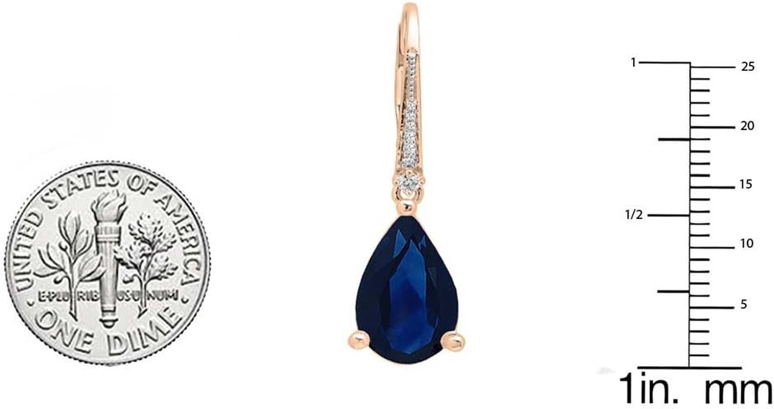 18K 14X8Mm Each Pear Lab Created Gemstone & round White Diamond Teardrop Dangling Drop Earrings, Solid Rose Gold