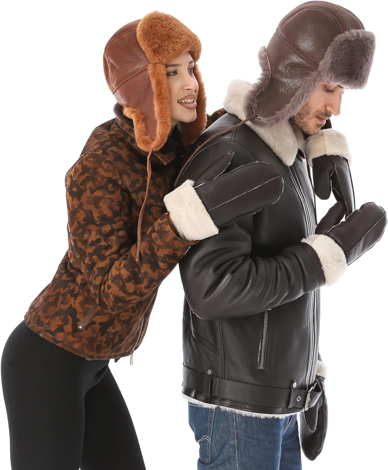 Leather Aviator Shearling Ushanka Trapper Hat Russian Sheepskin Cap Real Fur Winter Hat with Ear Flaps for Men Women