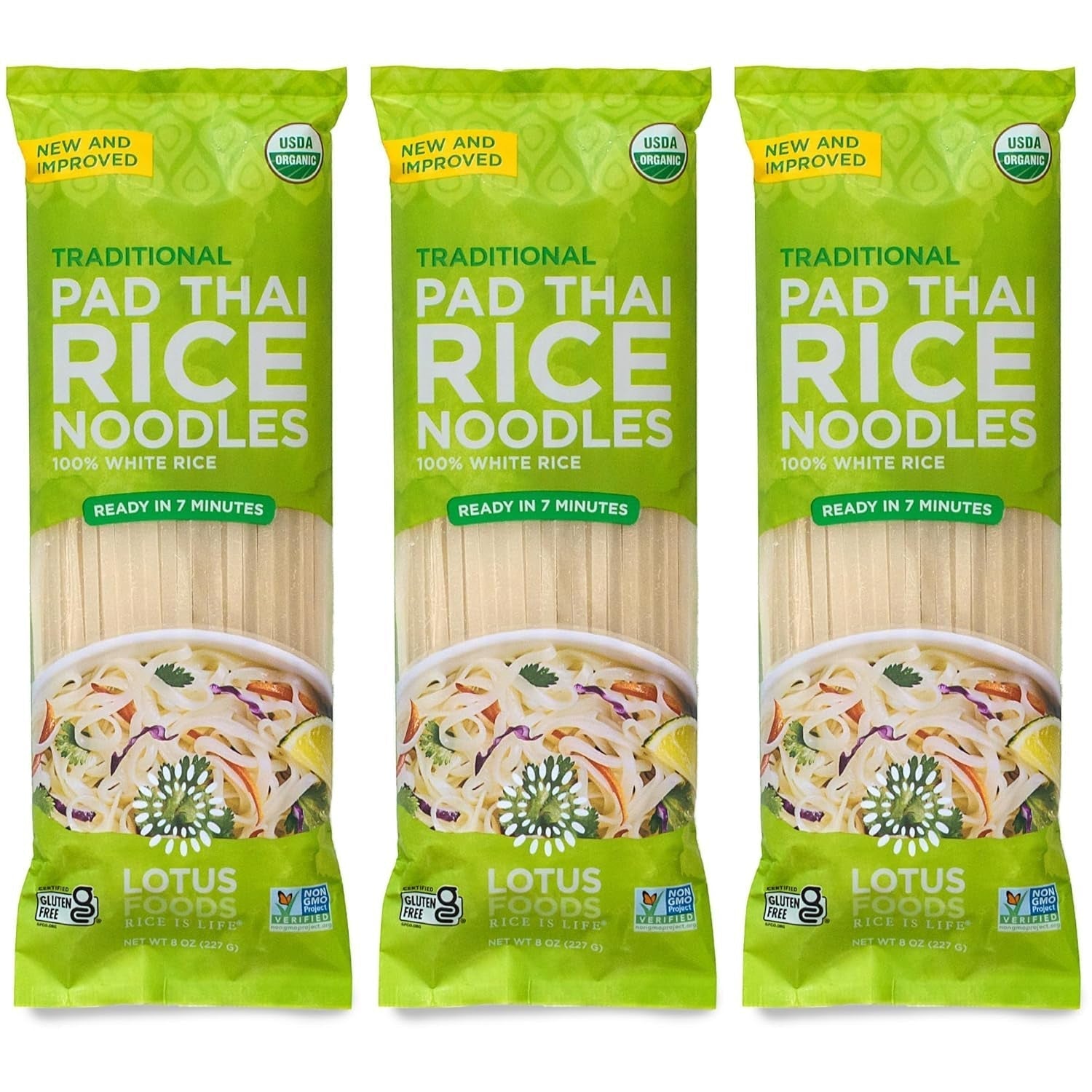 Traditional Pad Thai Rice Noodles - Pad Thai Noodles, Asian Noodles, Gluten Free Noodles, Rice Noodles, Whole Grain, Non GMO, USDA Organic - 8 Oz (Pack of 3)