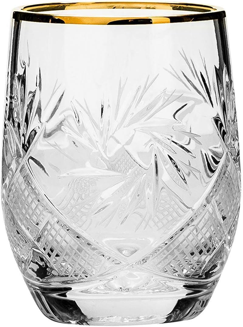 Elegant and Modern Russian Cut Crystal Beverage Glass, Barware for Scotch, Bourbon, Liquor and Cocktail - 8 Oz Beverage Glass Gold Rim, Set of 6