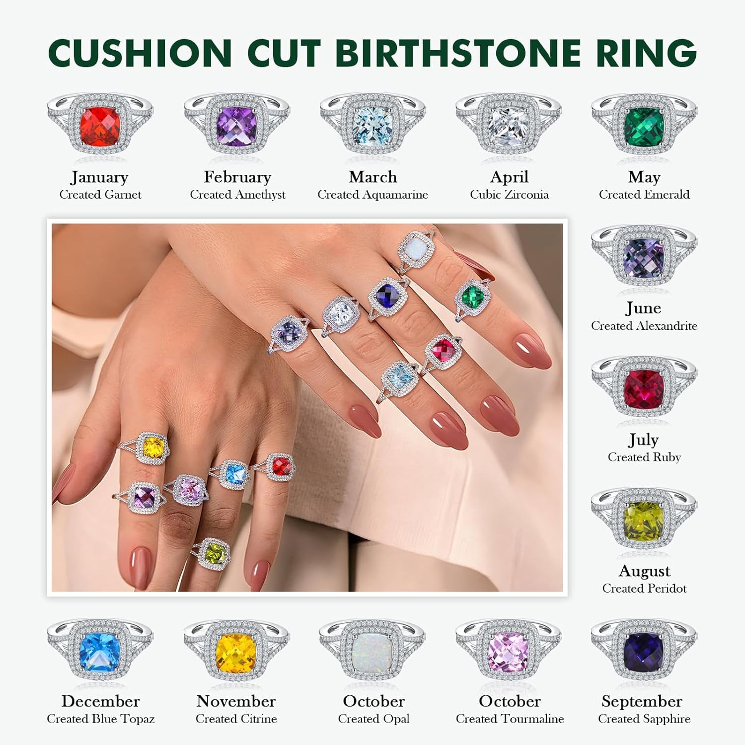 Birthstone Rings for Women 925 Sterling Silver Created Gemstone Cubic Zirconia Ring Heart/Pear/Round/Cushion/Emerald/Oval Engagement Double Halo Ring Size 6 to 10