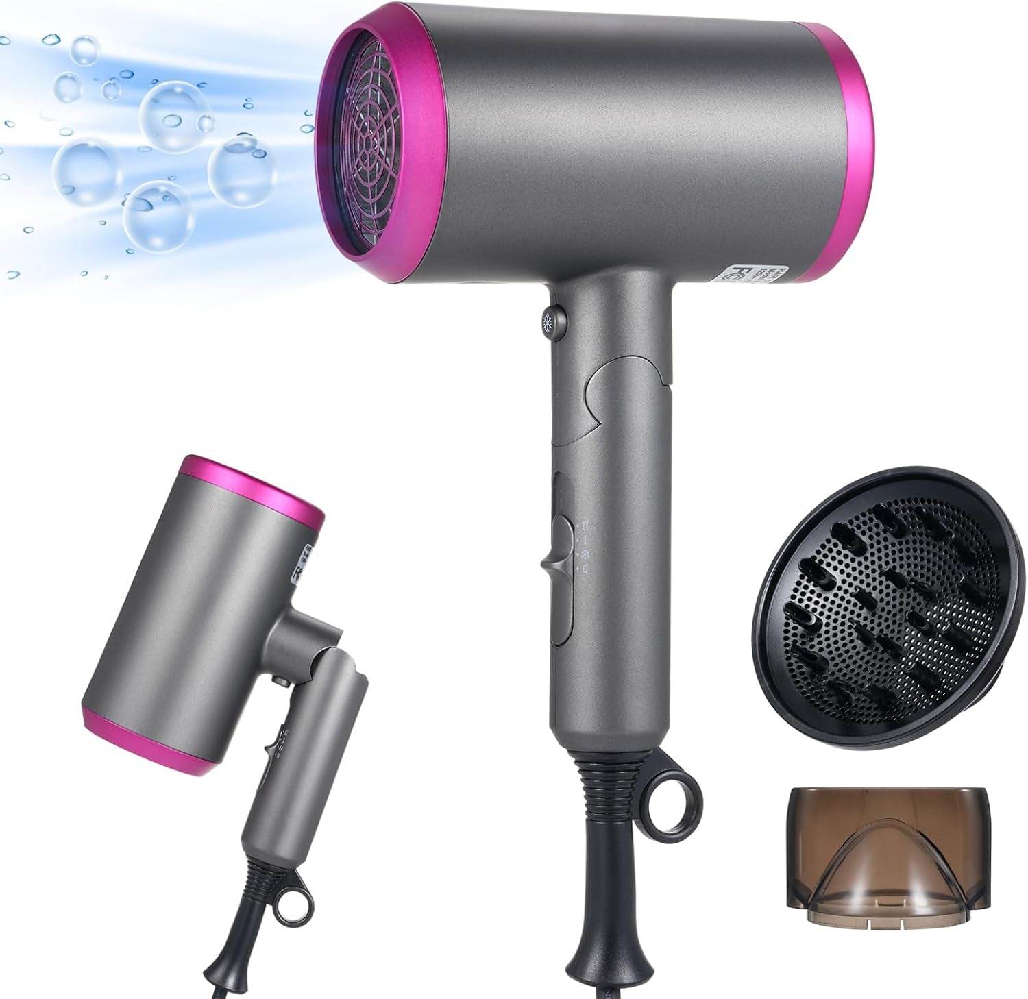 1800W Hair Dryer Professional Salon Anion Hair Dryer with Attachment Diffuser & Nozzles, 2 Speeds Fast Dry with Constant Temperature, Home Use Portable Foldable Hair Dryer