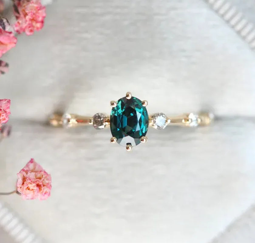 Teal Sapphire Ring, Peacock Engagement Ring, Ceylon Sapphire Diamond Ring, Oval Blue Ring