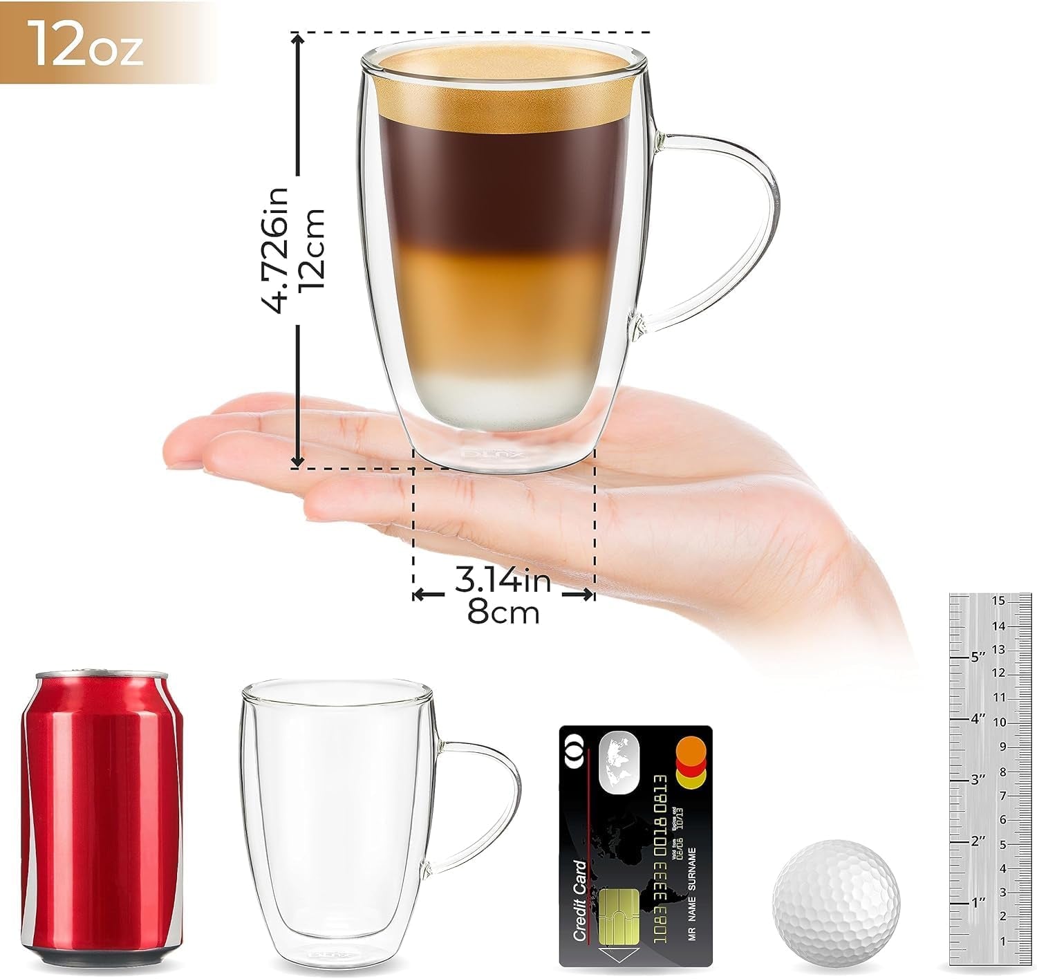 Coffee Mugs, 12Oz Latte Clear Glass Set of 2 Cups with Handles, Double Wall Insulated Borosilicate Glassware Cup - Wine, Tea Glasses