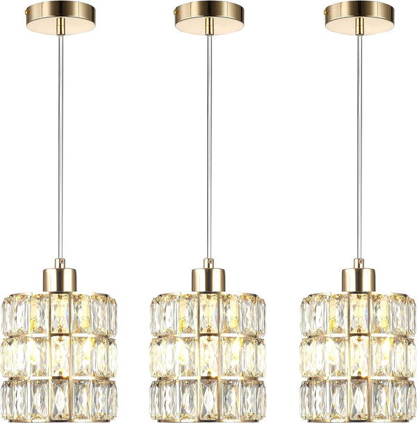 Gold Crystal Pendant Light, Pendant Lights Kitchen Island 3 Pack, Adjustable Modern Pendant Light, Hanging Light Fixtures for Dining Room Entryway Living Room Bar