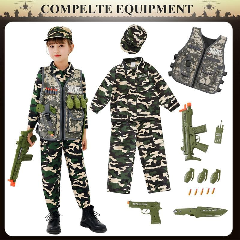 Army Uniform Cosplay Costume Soldier Outfits with Clothes, Tatical Vest and Other Toys Acessories for Kids