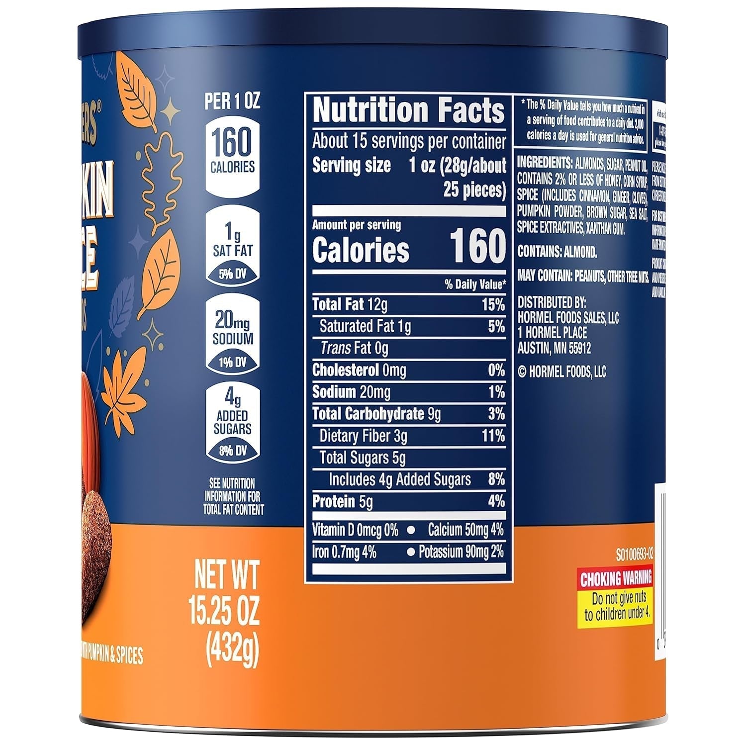 Fall Edition Pumpkin Spice Almonds, Pumpkin Spice Snacks, Cooking & Baking Nuts & Seeds, Flavored Almonds, Seasonal Nuts, Fall Party Snacks, Plant-Based Protein, 15.25 Oz Canister