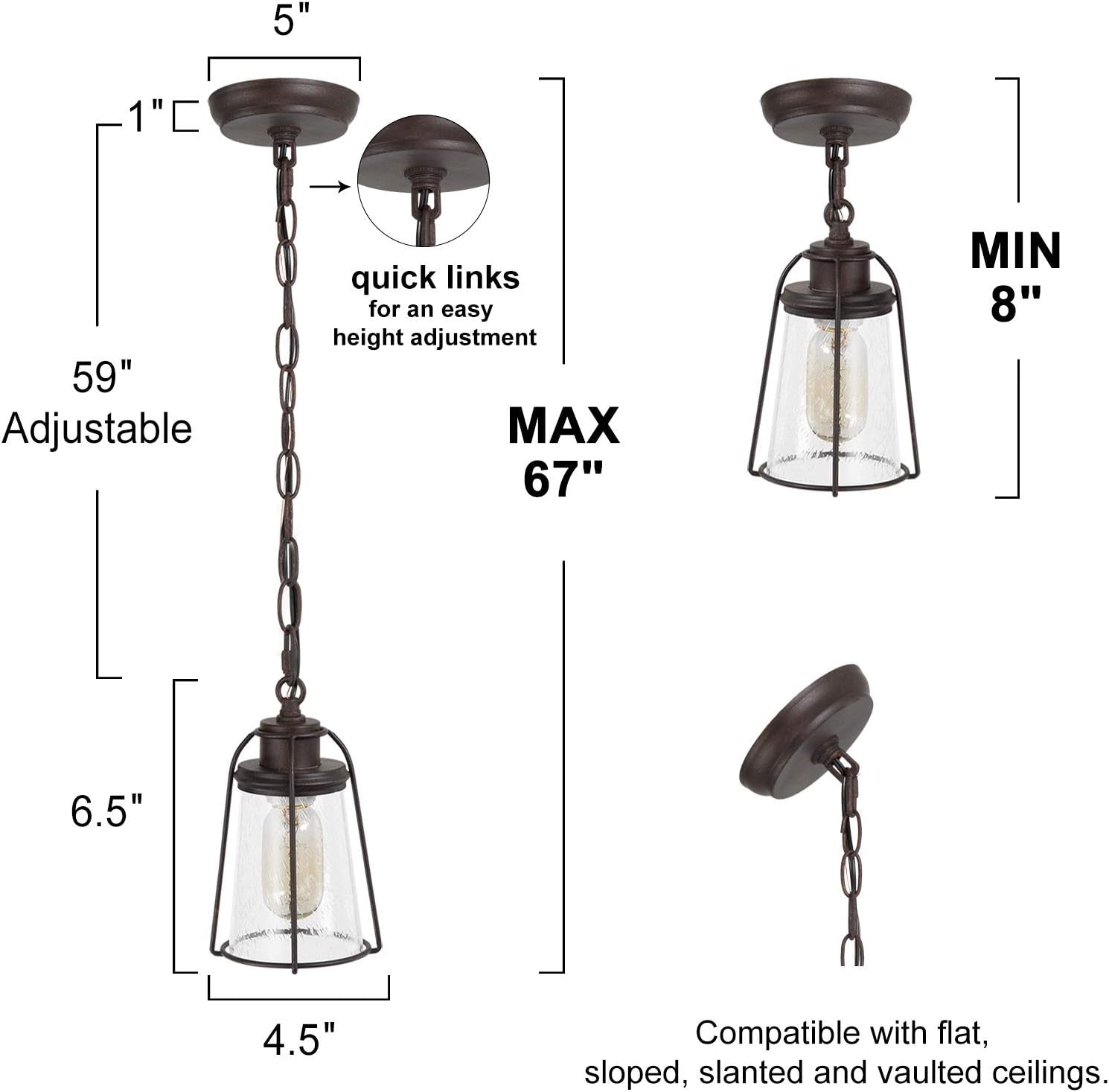 Farmhouse Pendant Lighting, Mini Rustic Hanging Light Fixture with Seeded Glass Shade for Kitchen Island, Foyer, Hallway, Bedroom and Entryway, Bronze