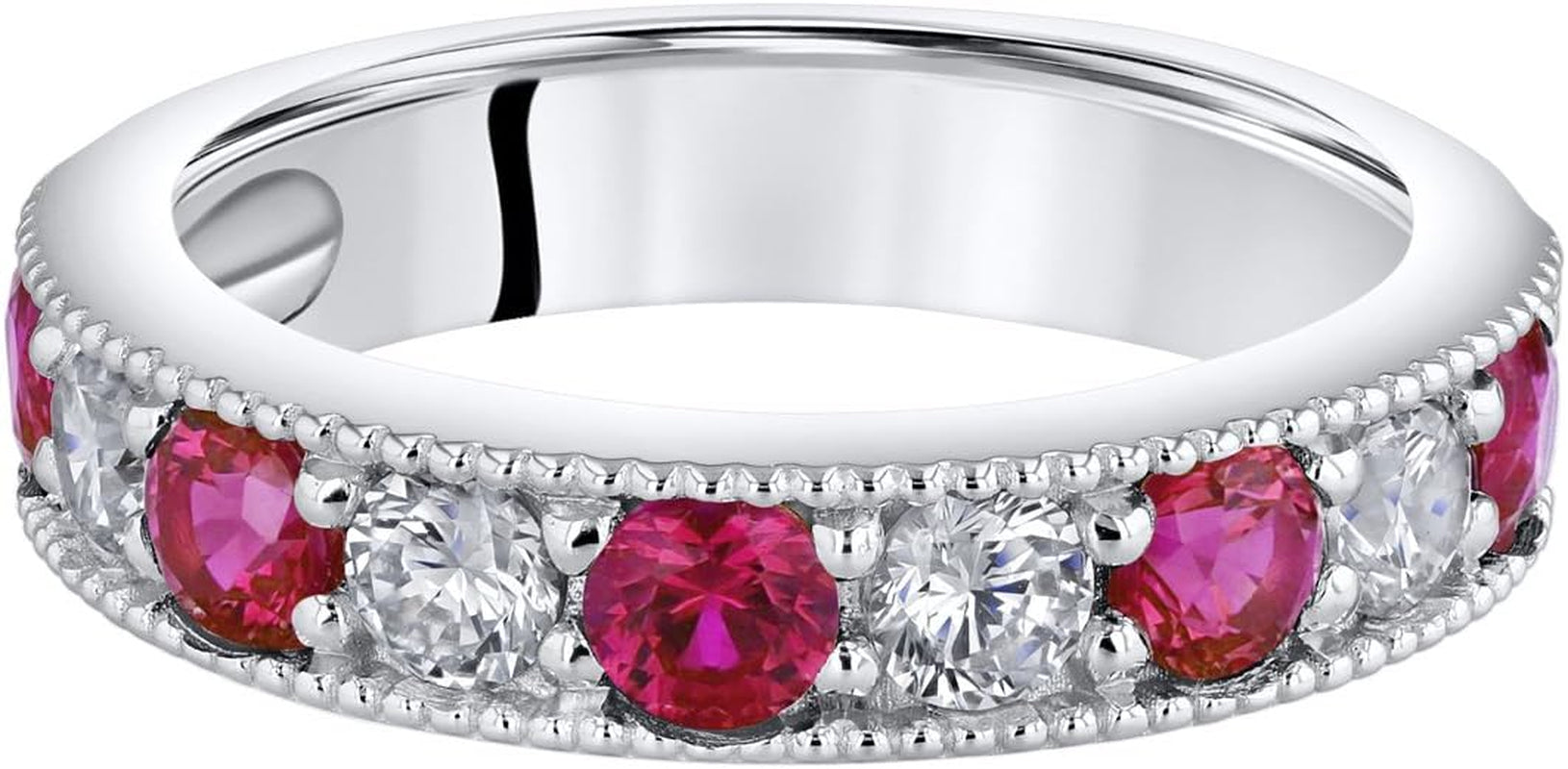 Sterling Silver 4Mm Milgrain Half-Eternity Anniversary Wedding Ring Band for Women, Various Gemstones, Comfort Fit, Sizes 5 to 9