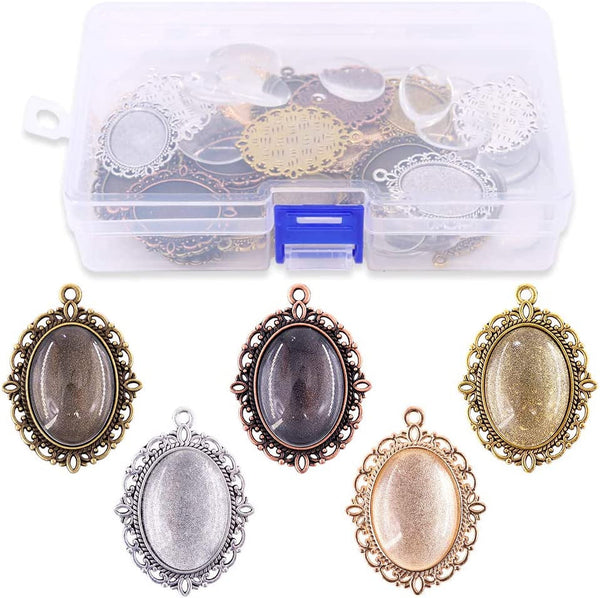 70Pcs Oval Pendant Set, 35Pcs 5 Colors Pendant Trays and 35 Pieces Bright Glass Cabochon Dome Tiles for Bracelet Necklace Crafting DIY Jewelry Gift Making