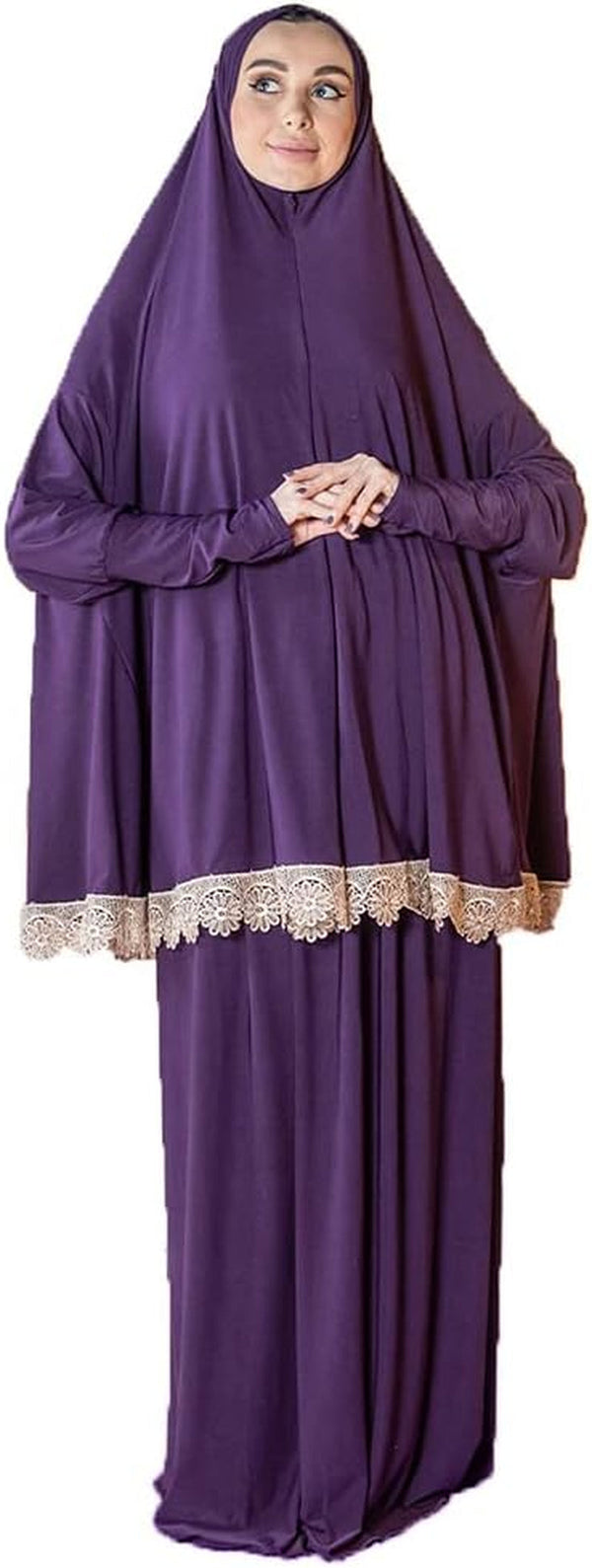 Women'S Prayer Dress 2 Pieces Lycra Solid Color plus Long Sleeve | One-Size | Hijab Abaya Suit