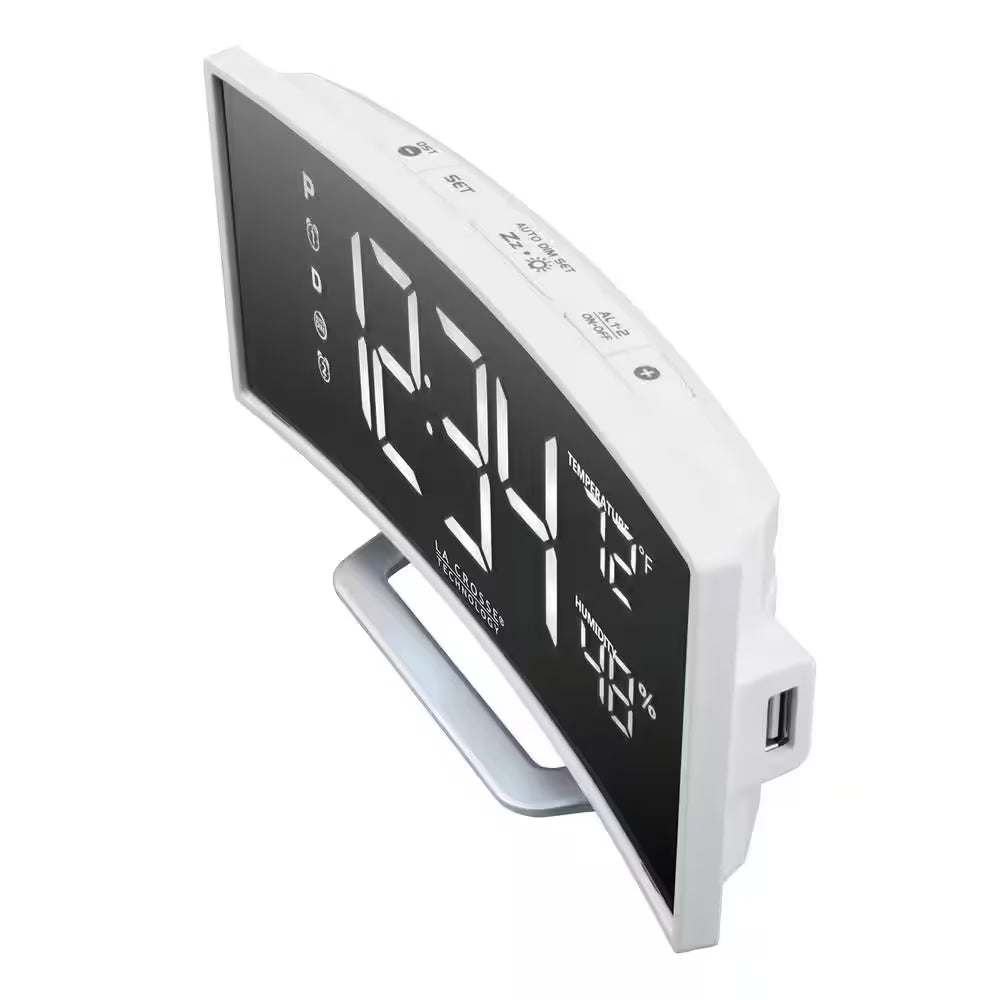 Curved Mirror LED Alarm Clock with Temperature & Humidity, USB Port