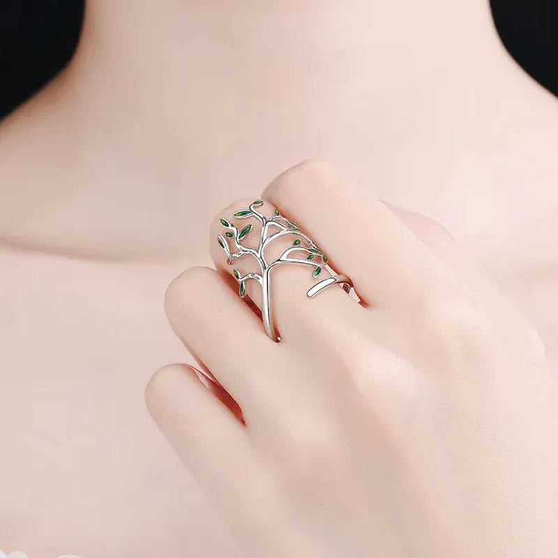 925 Sterling Silver Tree of Life Green Tree Leaves Adjustable Finger Rings for Women Sterling Silver Jewelry Wedding Party Gift