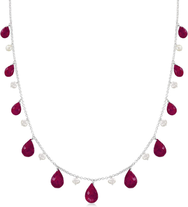 Gemstone and 4-5Mm Cultured Pearl Drop Necklace in Sterling Silver